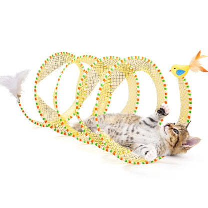 Potaroma Spiral Tunnel Cat Toy - Self-Play Collapsible Spring Tunnel with Feather and Bell for Indoor Cats, 20 Inches Unfolded