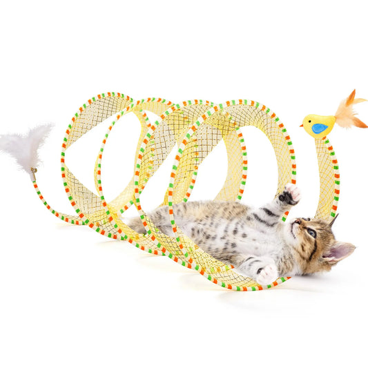 Potaroma Spiral Tunnel Cat Toy - Self-Play Collapsible Spring Tunnel with Feather and Bell for Indoor Cats, 20 Inches Unfolded