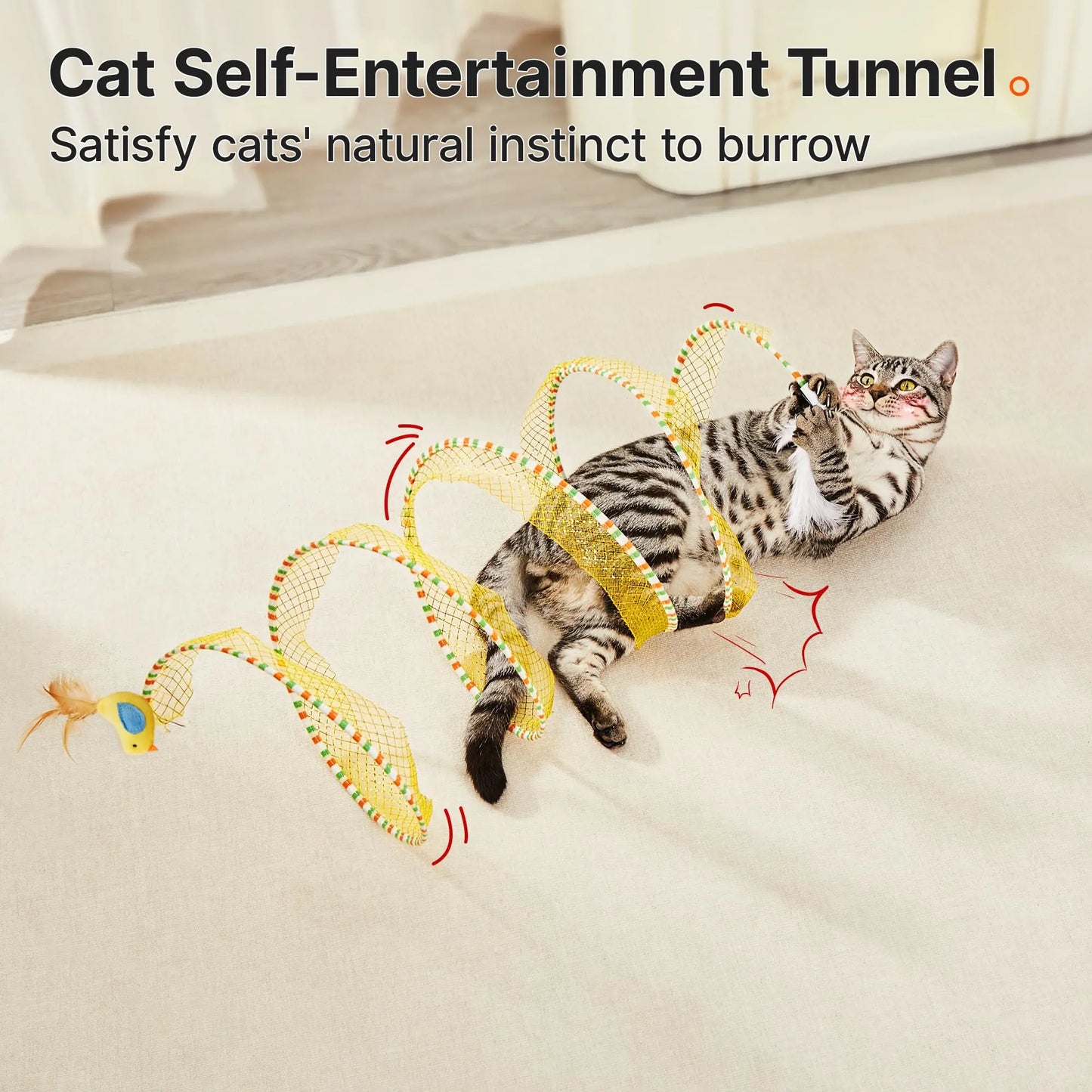 Potaroma Spiral Tunnel Cat Toy - Self-Play Collapsible Spring Tunnel with Feather and Bell for Indoor Cats, 20 Inches Unfolded