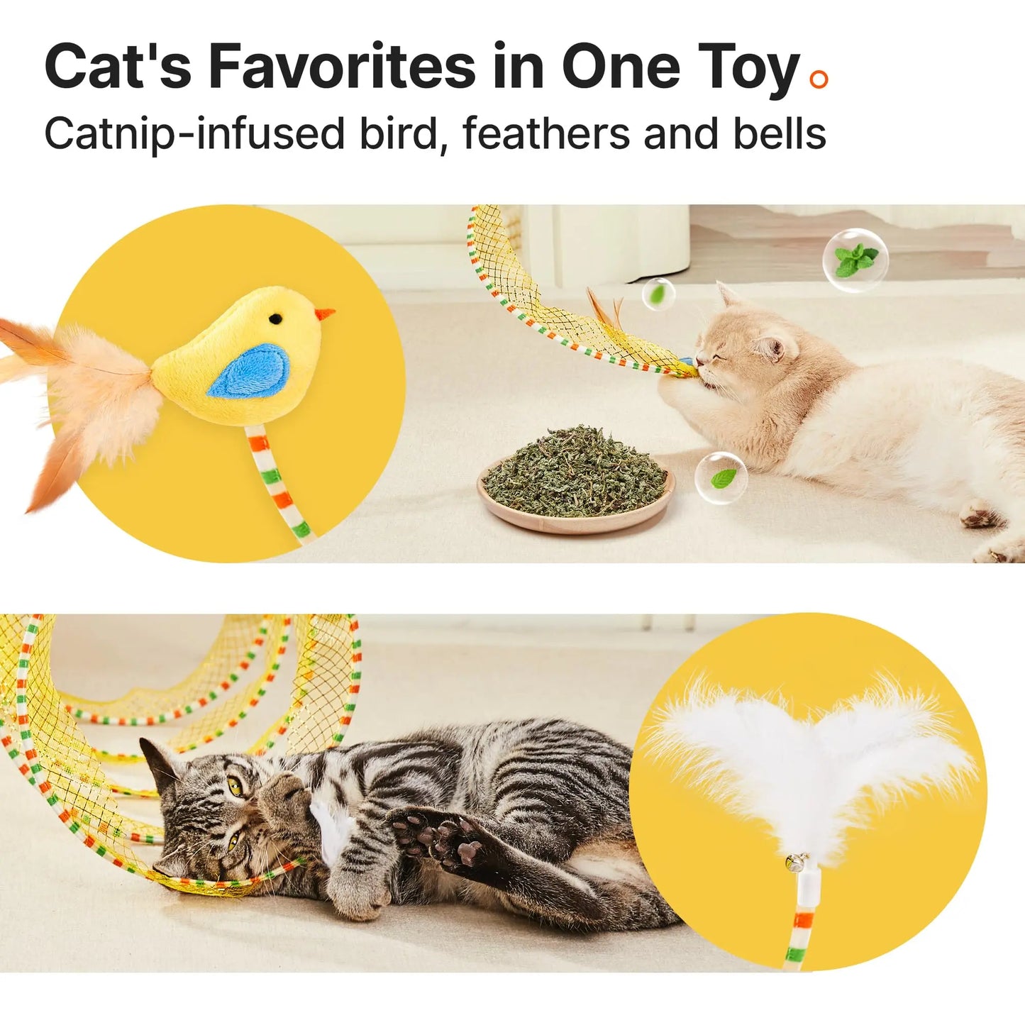 Potaroma Spiral Tunnel Cat Toy - Self-Play Collapsible Spring Tunnel with Feather and Bell for Indoor Cats, 20 Inches Unfolded